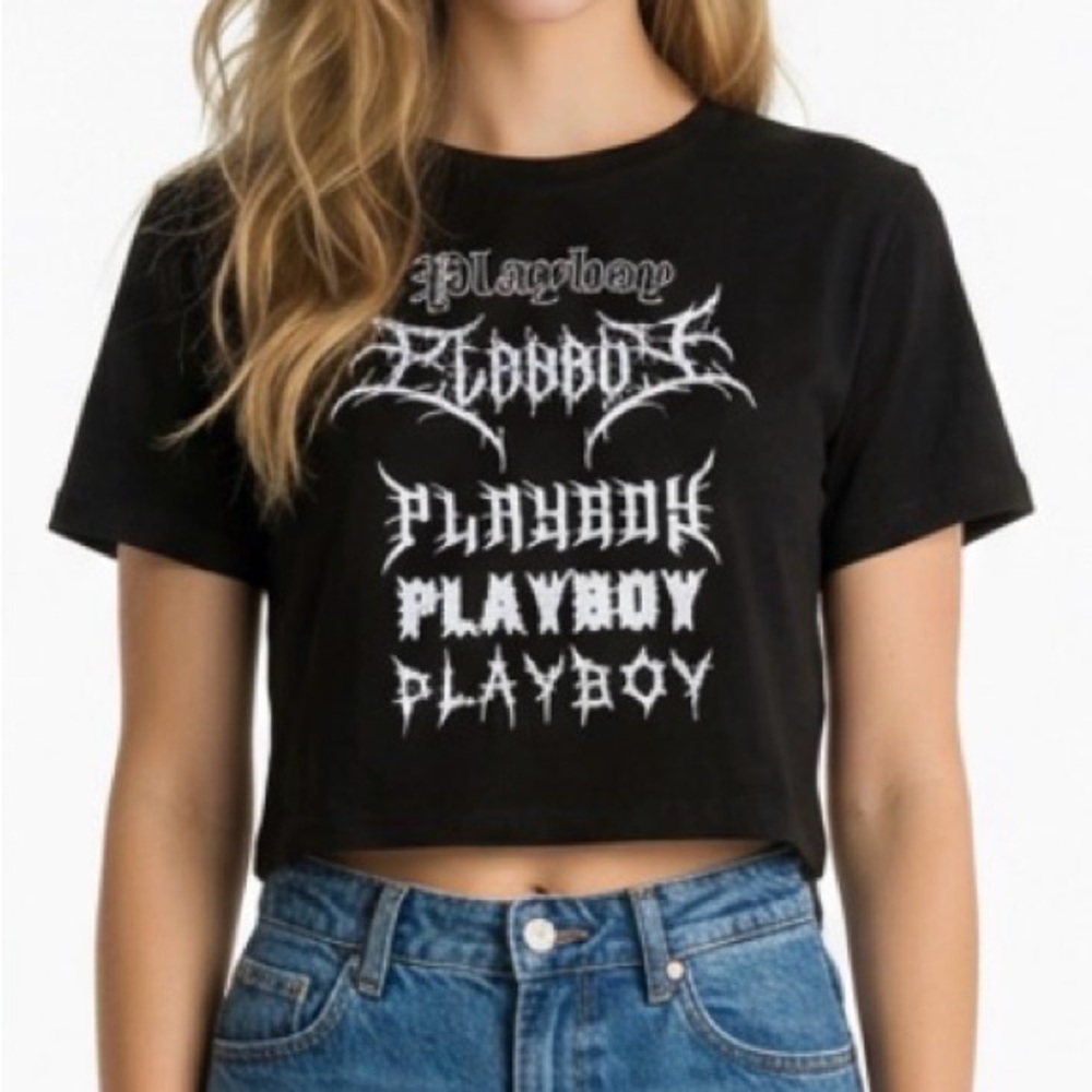 PLAYBOY Black Crop Tee with White Stacked Logos